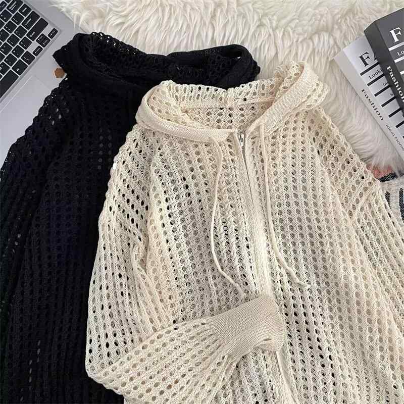 ニットカーディガン メンズ 春夏 薄手 接触冷感 港風 パーカー ジップアップ トップス カジュアル 普段使い 長袖 黒 ブラック ベージュ