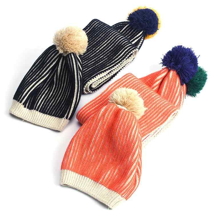 ニット帽 キッズ 男の子 秋冬 ボーダー柄 マフラー セット 子供用 毛糸 帽子 伸縮性 普段使い オレンジ..