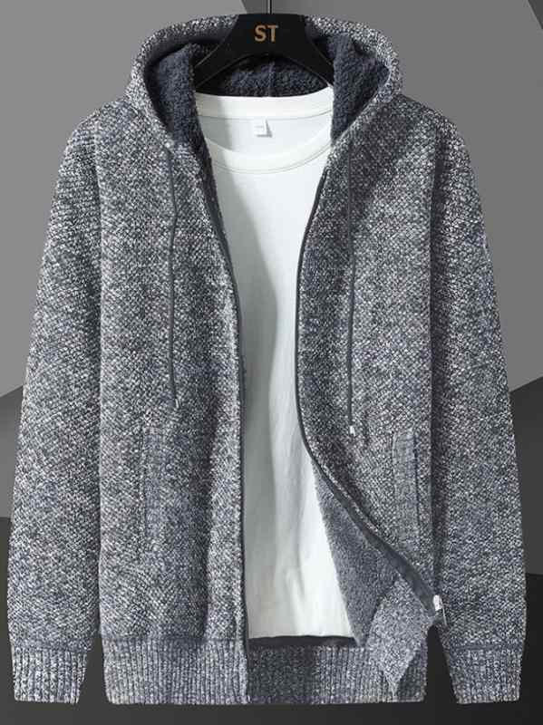 ニット メンズ カーディガン 裏起毛 厚手 フード付き 暖かい カジュアル ゆったり トップス 秋冬 グレー系 ワインレッド(x2)