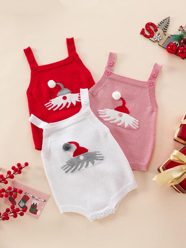 ニット キッズ ベビー クリスマス ハット付き ロンパース カバーオール 秋冬 暖か アクリル かわいい レッド ピンク系 ホワイト(x2)