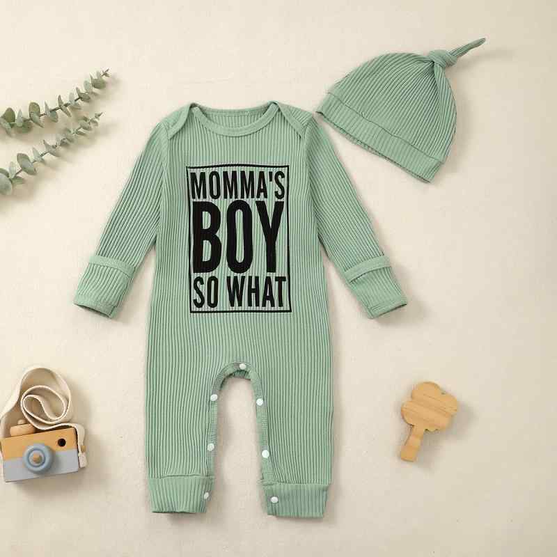 ロンパース ベビー服 男の子 乳幼児 長袖 コットン ニット 春夏 アルファベット柄 帽子付き 2点セット