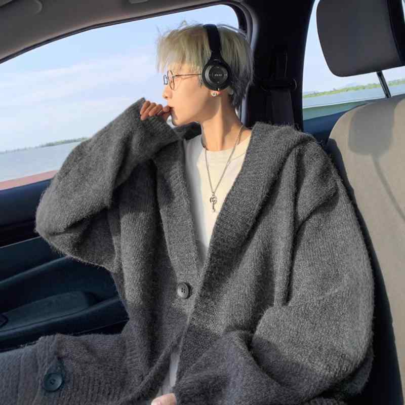 ニットカーディガン メンズ 韓国 秋冬 若者 リラックスフィット ポリエステル 長袖 トップス アウター カジュアル 深グレー