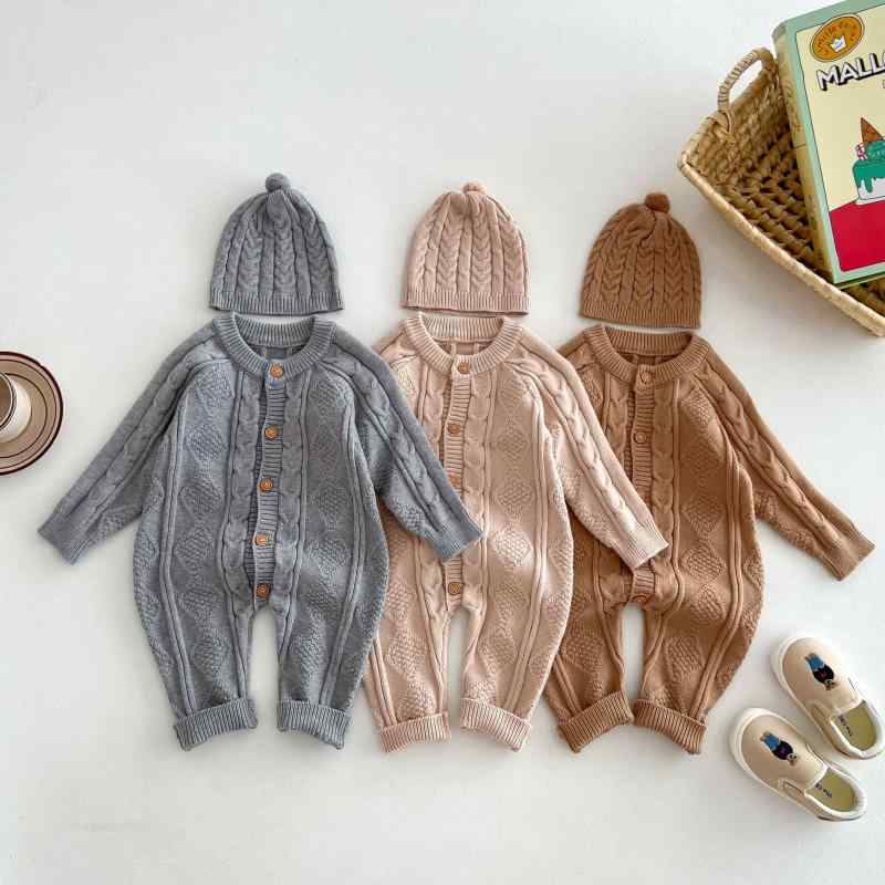 ロンパース ベビー服 子供服 秋冬 ニット 綿混紡 長袖 新生児 満月 百日祝い 男女兼用 杏色 ブルー ブラウン 66cm 73cm 80cm 90cm