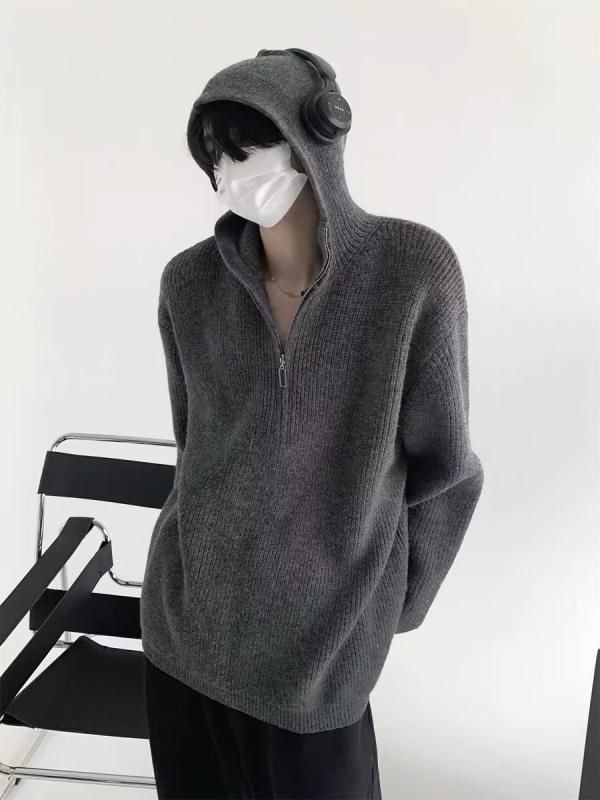 ニット メンズ カーディガン 秋冬 アメリカン レトロ プルオーバー パーカー 厚手 アクリル混紡 ゆったり ブラック グレー コーヒー