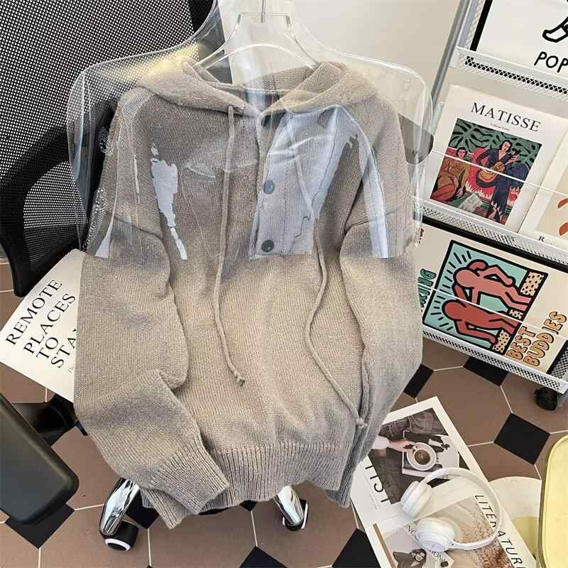 ニット メンズ ニットパーカー 秋冬 プルオーバー ビッグシルエット 配色 杢グレー ブラック 普段使い 部屋着