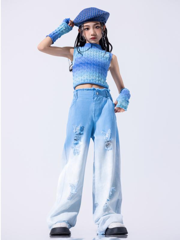 ダンス衣装 ガールズ ヒップホップ ジャズダンス セットアップ 子供服 練習着 ブルー バタフライ プリ..