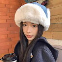 帽子 レディース 秋冬 防寒 雷鋒帽子 デニム あったか 裏起毛 寒さ対策 防風 イヤーマフ付き 女性用 ブルー/ネイビー(x2)