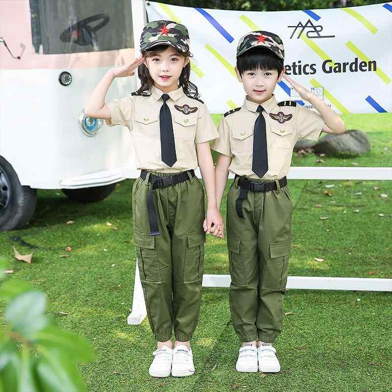 子供用軍服セット 男の子 女の子 迷彩柄 夏キャンプ ダンス 舞台衣装 パイロット コスプレ 小学生 中学生 軍事訓練 ウェア 上下セット 帽子付き(x2)