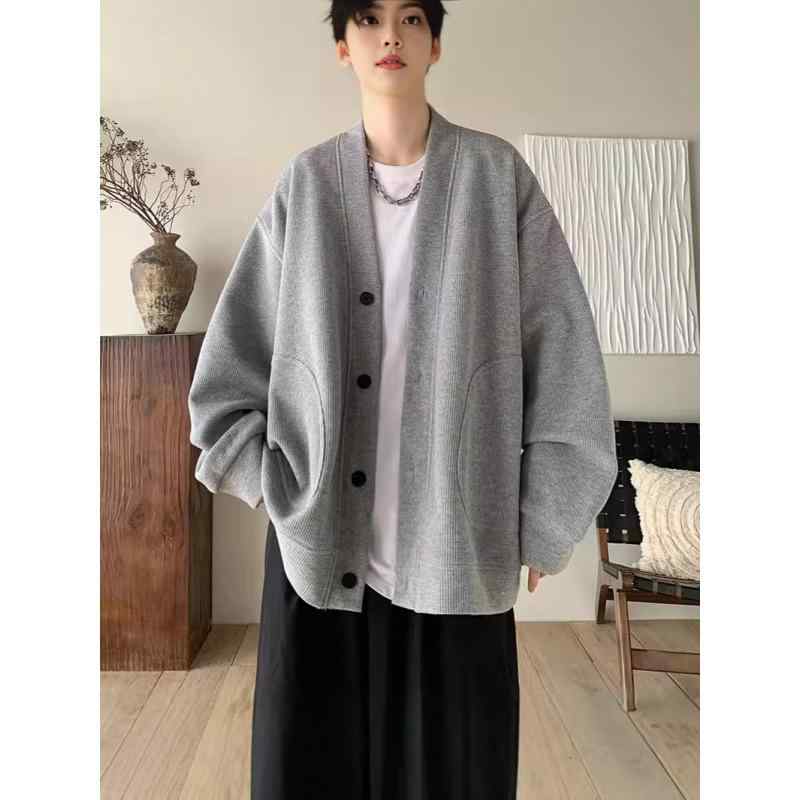 カーディガン メンズ 男性用 Vネック ニット 春秋 普段使い 長袖 無地 部屋着 流行 カジュアルスタイル 黒 ブラック グレー ポリエステル