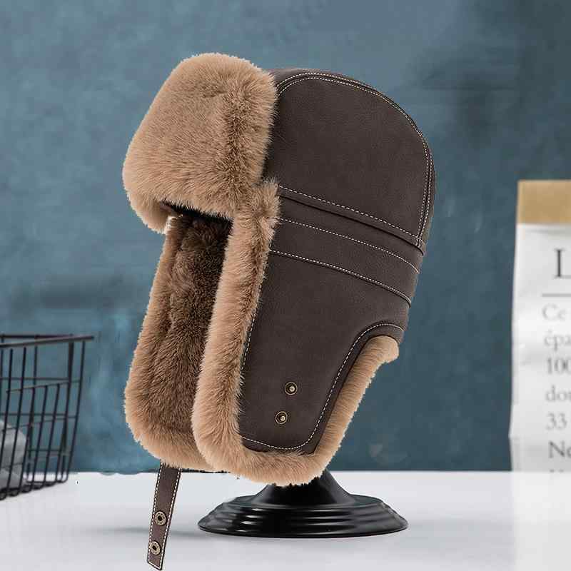 帽子 メンズ レザー 雷鋒帽 秋冬 防寒 暖か 裏起毛 耳あて付き 防水 防風 バイク 自転車 アウトドア カジュアル 58-60cm ブラック ブラウン キャメル(x2)