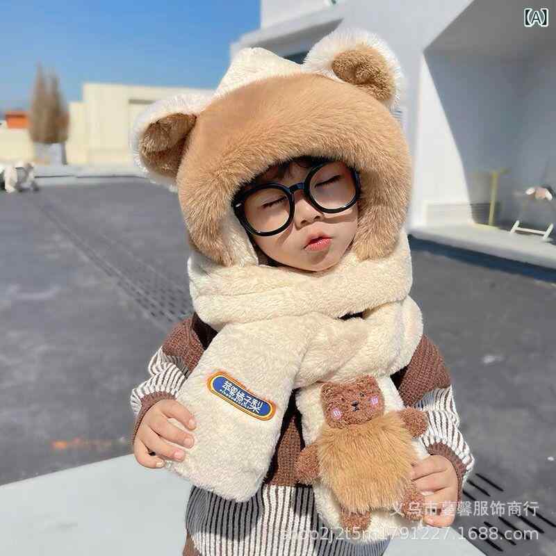 子供 帽子 マフラー 手袋 3点セット 冬用 男児 女の子 カートーン キャラクター 毛布 防寒 保温 耳当て ベージュカラー