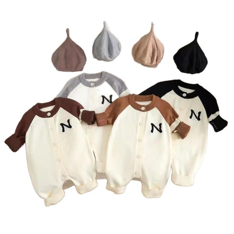 ロンパース ベビー服 春秋冬 ニット 新生児 カバーオール 女の子 赤ちゃん セーター 長袖 帽子付き 綿混紡 60 70 80 90 グレー カーキ ブラック(x20)