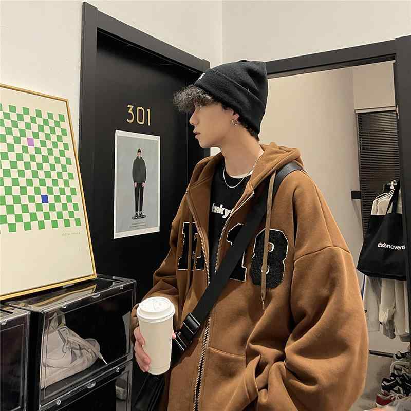 パーカー メンズ 男性用 スウェット ジップアップ フーディ 長袖 ルーズ オーバーサイズ ストリート カジュアル スポーティ 秋冬 ブラック グレー ブラウン ポリエステル(x2)