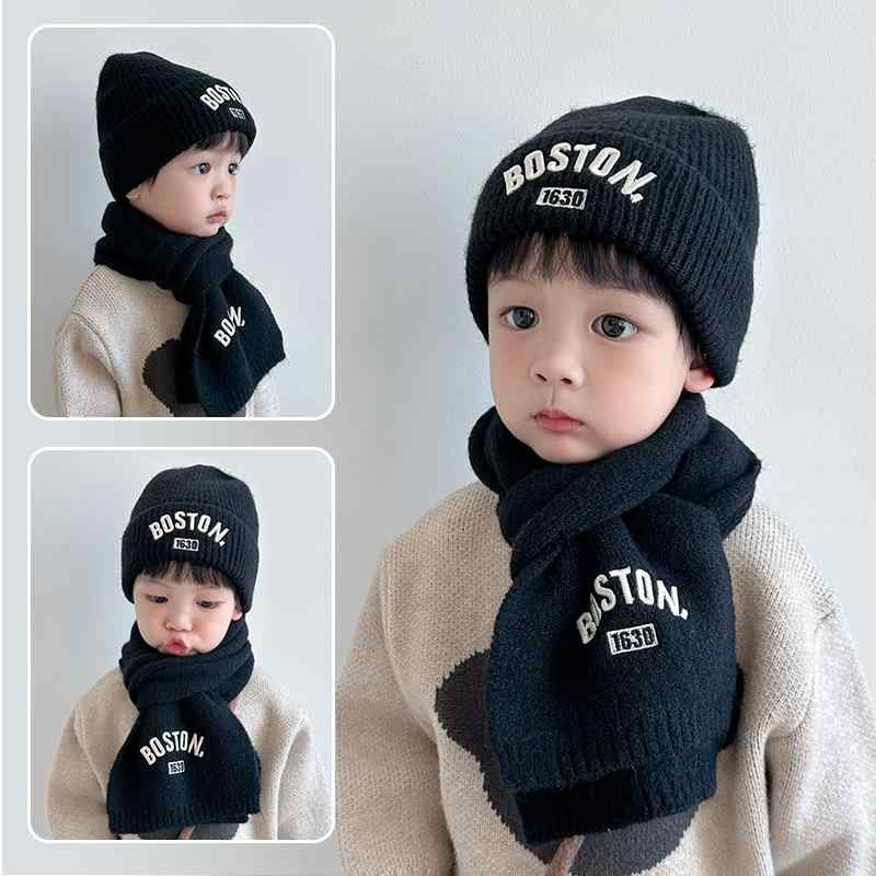 ニット帽 キッズ 男の子 女の子 秋冬 帽子 マフラー セット 2歳 3歳 4歳 5歳 保温 防風 ブラック ピン..