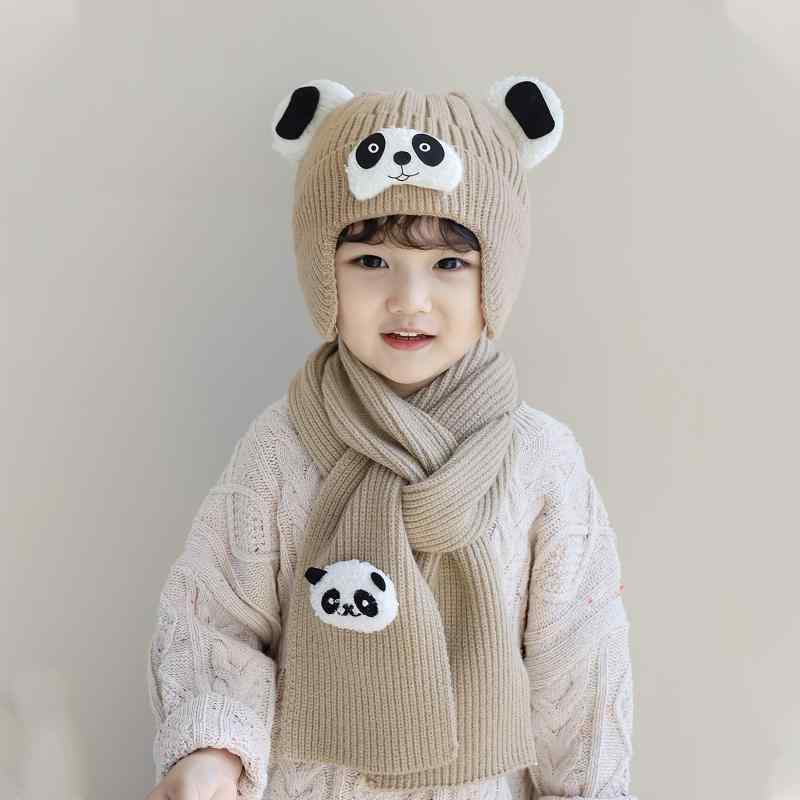 帽子 子供用 キッズ ニット帽 マフラー セット 秋冬 防寒 暖か かわいい パンダ 耳当て付き ベビー 1歳 2歳 3歳 4歳 5歳 6歳 ピンク系 アイボリー カーキ ブルー(x2)