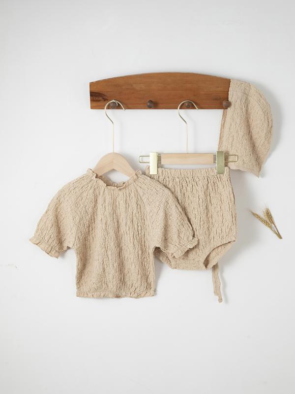 ベビー服 上下セット 新生児 乳幼児 ブルマ パンツ 帽子付き 半袖 コットン ギャザー 無地 春夏 73CM 80cm 90cm 100cm