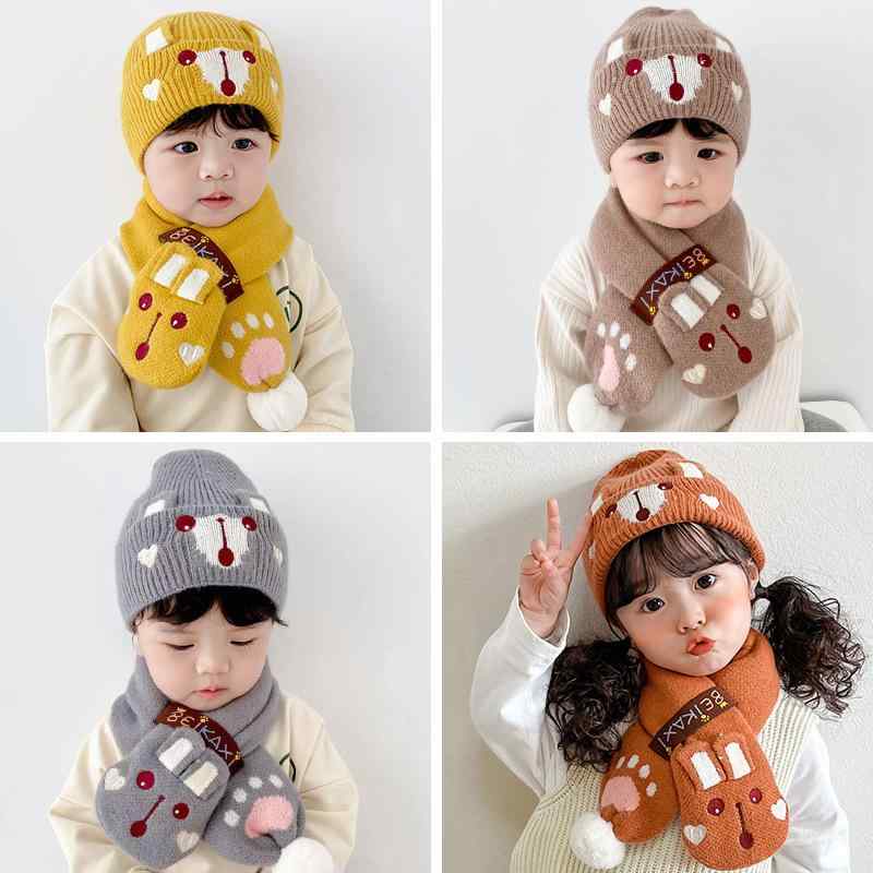 帽子 キッズ 子供用 ニット帽 マフラー セット 秋冬 防寒 暖かい 男の子 女の子 かわいい 小熊 グレー 黄色(x2)