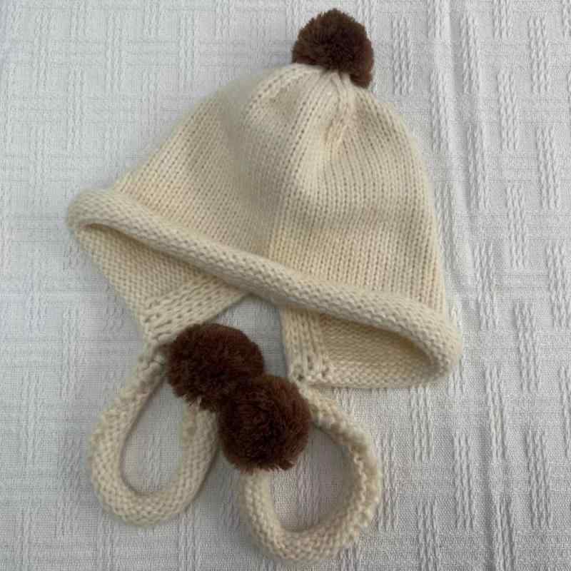 帽子 キッズ ベビー かわいい 秋冬 ニット帽 耳当て付き ボンボン ビーニー 男の子 女の子 ベージュ カーキ ブラック ブラウン(x3)