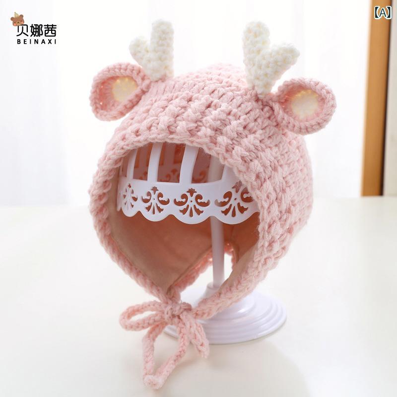 ベビー 帽子 秋冬 ニット帽 韓国 女の子 赤ちゃん 帽子 ニット 防寒 ěr カバー 付き かわいい 小鹿の角 ピンク ベージュ ブラウン レッド