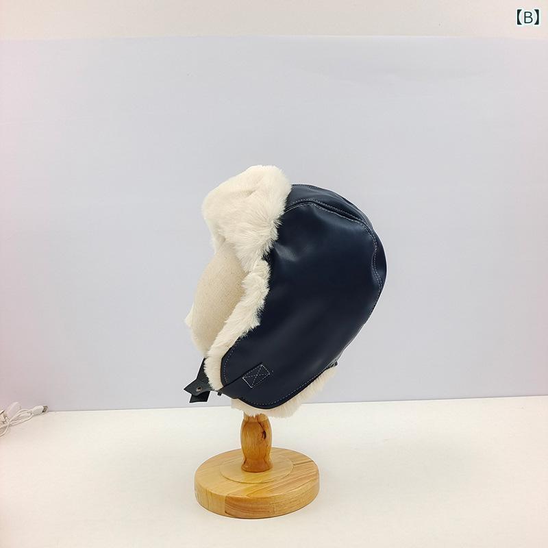 LINEAR shopの帽子 レディース 防寒 PUレザー フライトキャップ 秋冬 裏起毛 雷鋒帽 スキー スノボ 耳あて付き バイク 自転車 アウトドア ブラック 紺 カーキ コーヒー｜アングル3
