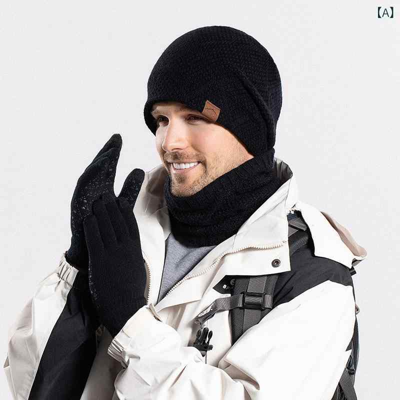 ニット帽 男性用 冬用 防寒 帽子 手袋 ネックウォーマー 3点セット 裏起毛 暖かい ブラック カーキ ネ..