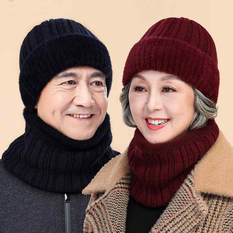 ニット帽 男女兼用 高齢者 裏起毛 暖かい 毛糸 帽子 ネックウォーマー 付き 防寒 秋冬 暗紅色 紺色 黒 カーキ 深グレー