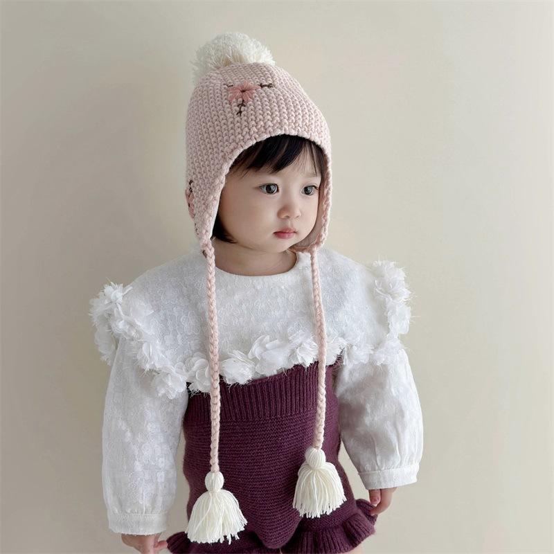 帽子 キッズ 防寒 手編み ニット帽 女の子 男の子 1歳 2歳 3歳 4歳 5歳 6歳 防風 防寒 保温 ピンク系 ..