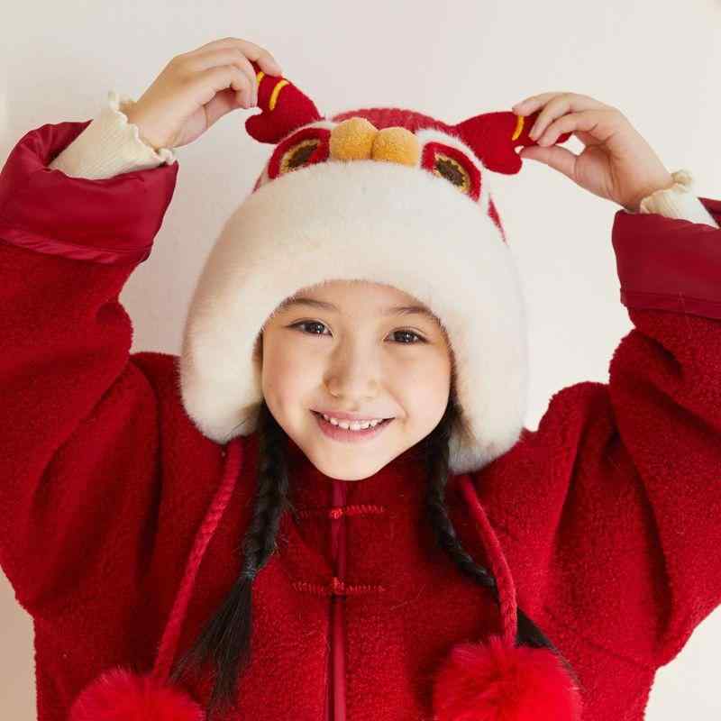 帽子 キッズ 子供用 秋冬 毛糸 虎柄 ぬいぐるみ 赤 ニット帽 48-54cm