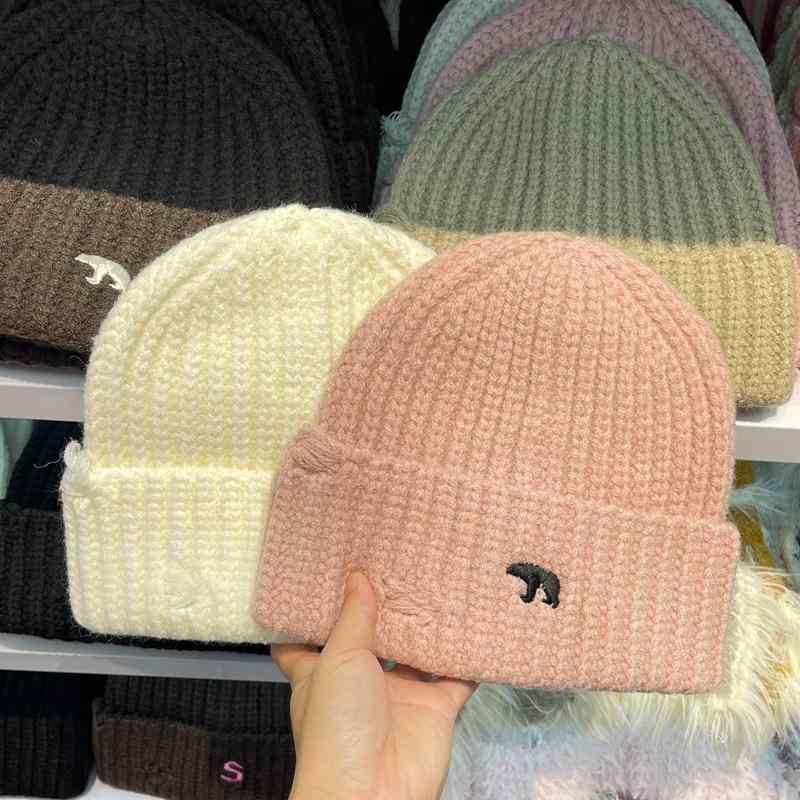 ニット帽 レディース 秋冬 大頭 囲み 防寒 保温 暖かい かわいい クマ 刺繍 ビーニー(x2)