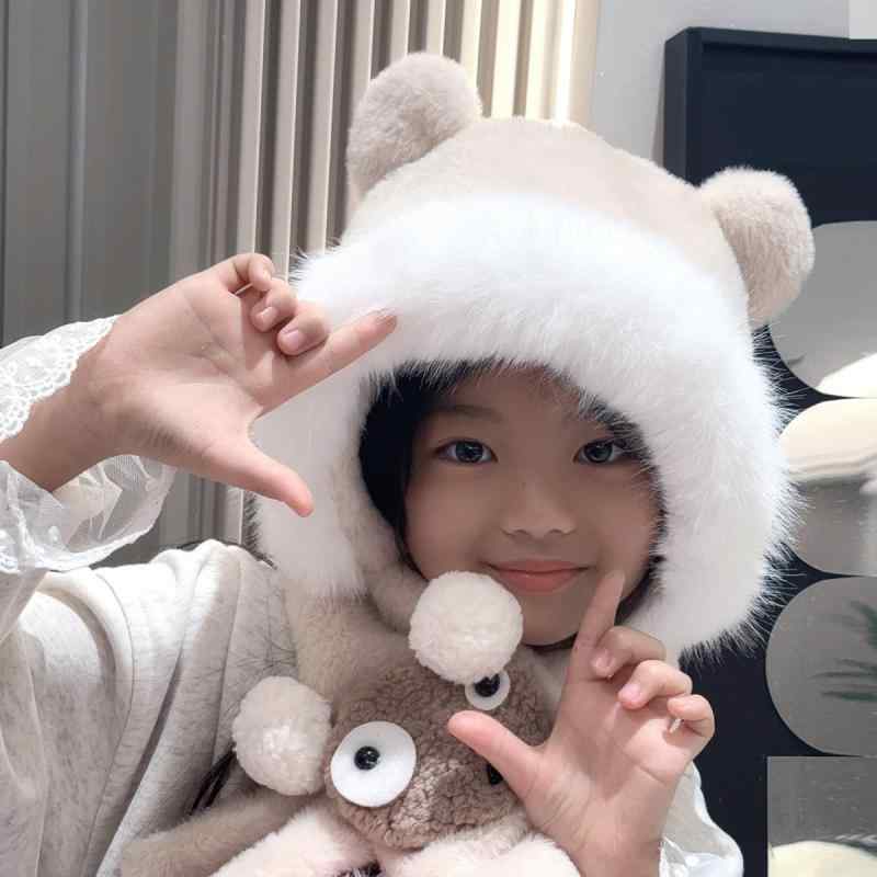 帽子 子供用 かわいいぬいぐるみ付き ニット帽子 マフラー 一体型 秋冬 防寒 厚手 裏起毛 白 ベージュ ..