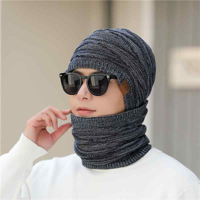 ニット帽 メンズ 男性用 防寒 ネックウォーマー 裏起毛 暖かい 帽子 ビーニー 厚手 秋冬 ブラック カーキ ネイビー コーヒー色 グレー(x2)