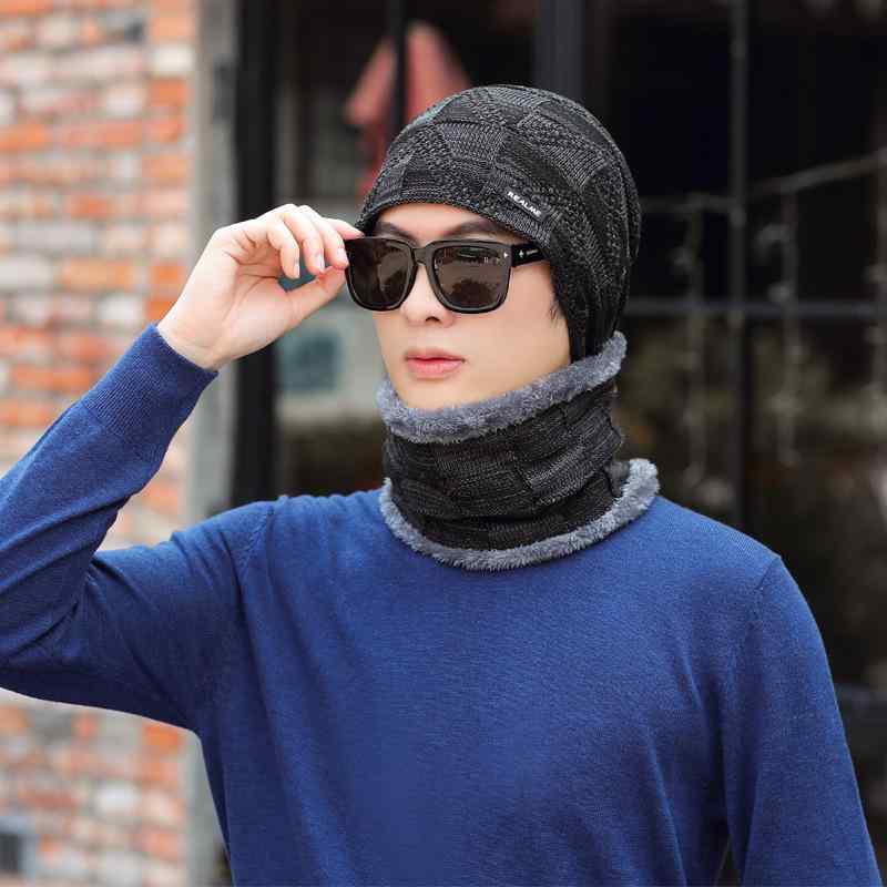 ニット帽 メンズ 格子柄 ネックウォーマー セット 男性用 ビーニー 防寒 保温 秋冬 赤 ブルー ブラック グレー コーヒー色(x2)