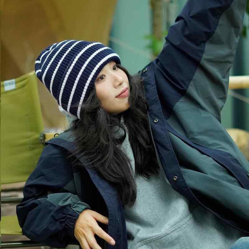 ニット帽 秋冬用 男女兼用 ストライプ柄 あったか ビーニー グレー 紺色 カーキ 黒(x3)