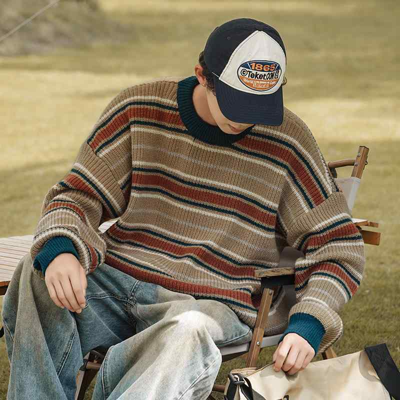 ニット メンズ 秋冬 レトロ 配色 ボーダー柄 プルオーバー ゆったり 厚手 セーター 男性用 普段使い カジュアル