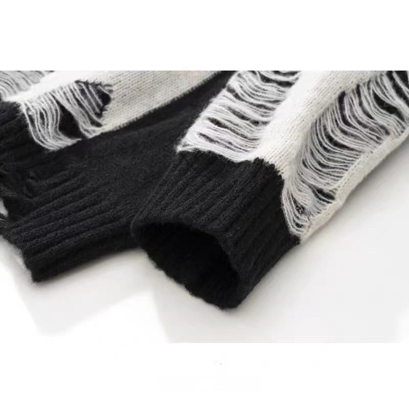 ニット メンズ ダメージニット 配色 セーター 韓国 ゆったりサイズ トップス カットソー 秋冬 綿 白(x2)