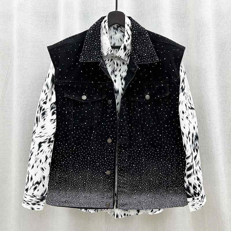 デニムベスト 男性用 豪華感 ラインストーン ノースリーブ ジャケット ゆったり ブラック カットオフ 韓国 ストリート カジュアル 春夏