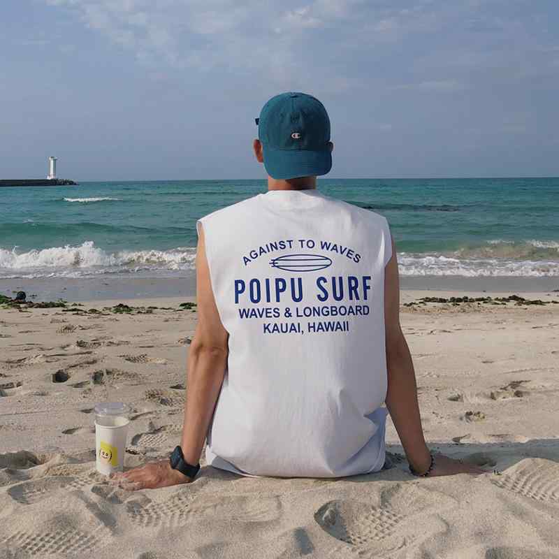 タンクトップ メンズ 男性用 コットン ノースリーブTシャツ プリント スポーツ 部屋着 ルームウェア 普段使い ゆったり 潮 白
