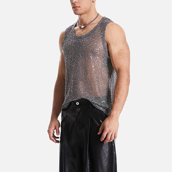 Tシャツ メンズ 男性用 ノースリーブ グリッター ラメ メッシュ 接触冷感 部屋着 普段使い シルバー ブラック系(x2)
