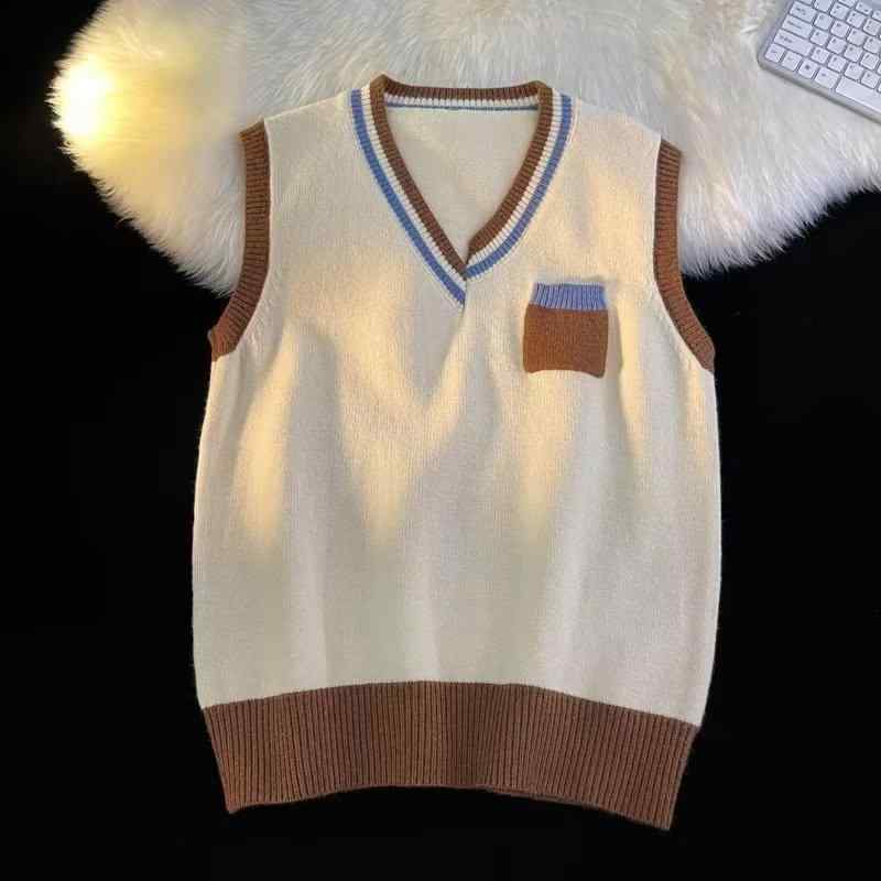 ニットベスト メンズ 男性用 Vネック 配色 春秋 ポリエステル ゆったり 普段使い レトロ ベージュ系