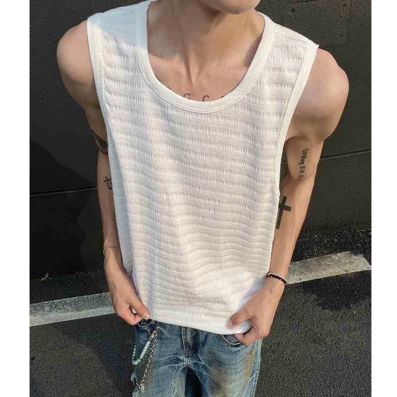 タンクトップ メンズ 男性用 レトロ風 無袖 Tシャツ トップス カットソー ポリエステル混紡 薄手 ホワイト ブラック グレー