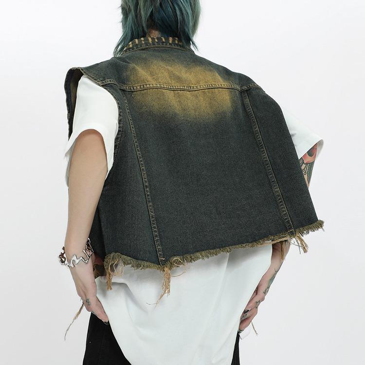 ベスト 男性用 デニム ウォッシュ加工 ダメージ加工 ショート丈 ノースリーブ ジャケット ブルゾン Gジャン 普段使い スプリングコート トップス ブルー