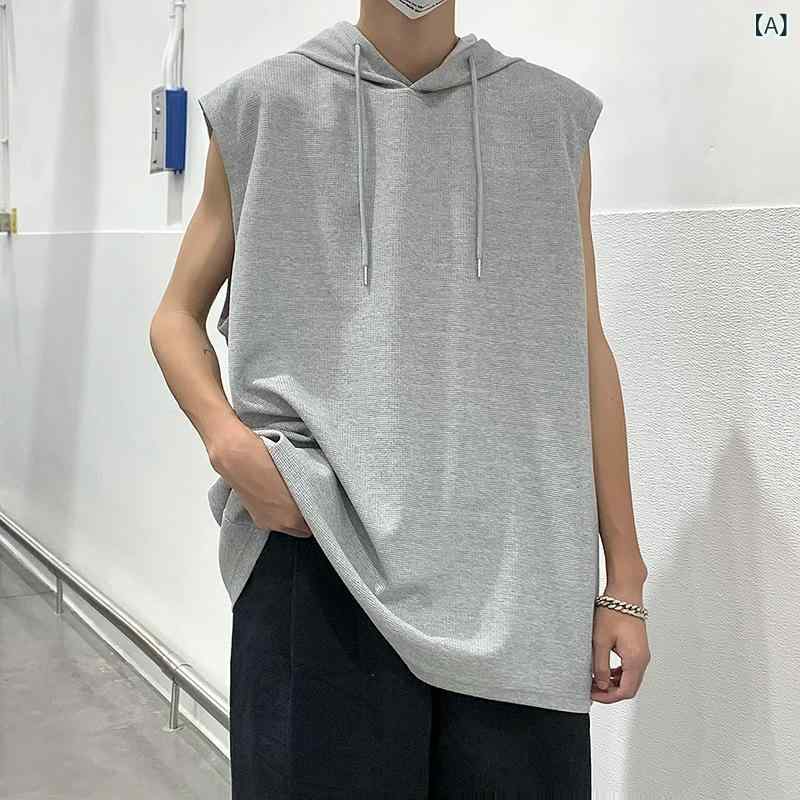 パーカー メンズ ワッフル ノースリーブ トレーナー 高街風 無地 コットン タンクトップ 袖なしTシャツ スポーツ ウェア 部屋着 普段使い グレー ブラック ブルー
