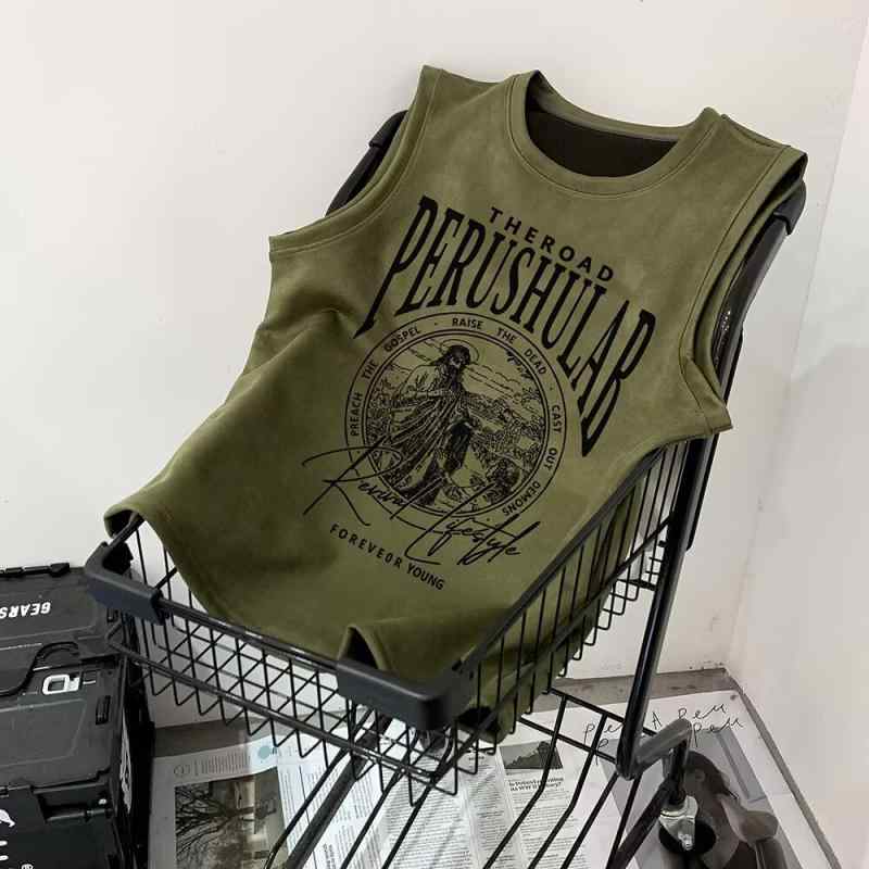 タンクトップ メンズ 男性用 重ね着風 コットン Tシャツ ノースリーブ カットソー スエード調 パッチワーク ストリート カジュアル ス..