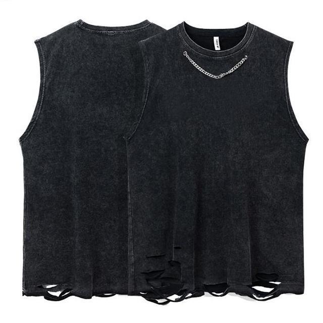 Knit Sweater - タンクトップ メンズ 水洗 ダメージ加工 コットン 無地 ブラック M L XL 2XL 3XL ゆったり 港風 カジュアル