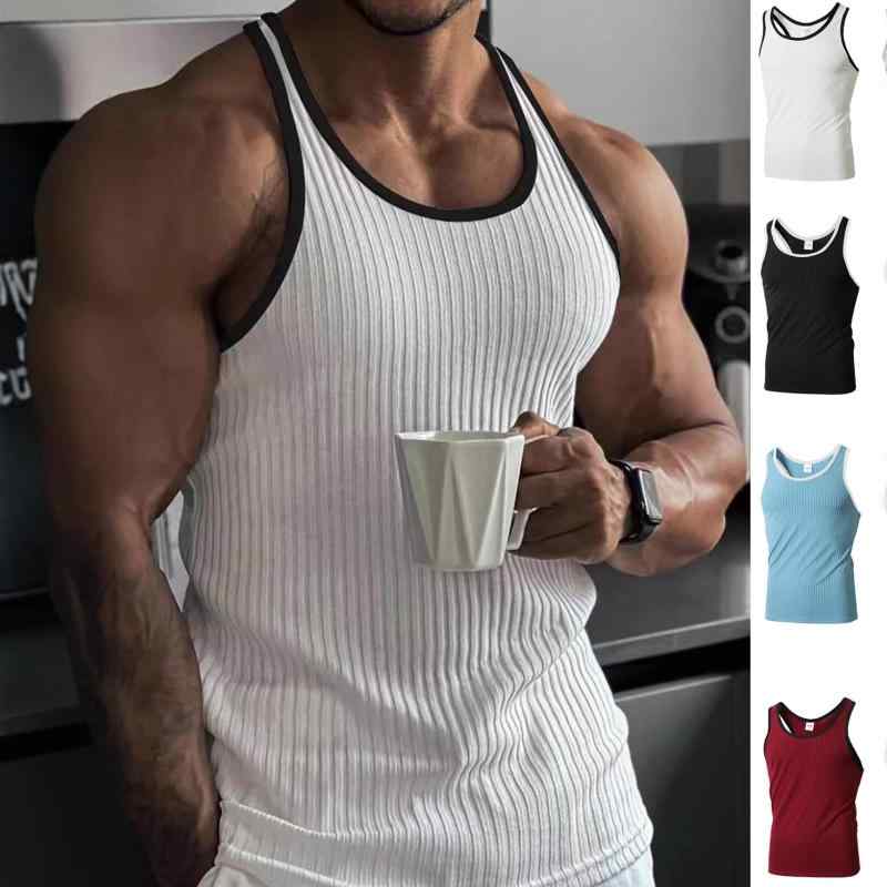 タンクトップ メンズ 男性用 ニット ストライプ模様 スポーツ ウェア ポリエステル スリムフィット トレーニング 運動着 トップス 赤 黒 水色 白
