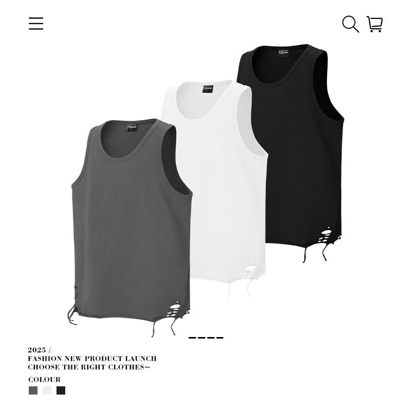 タンクトップ メンズ 男性用 綿 コットン ダメージ加工 ストリート 普段使い ルーズフィット 白 ホワイト 黒 ブラック グレー 春夏