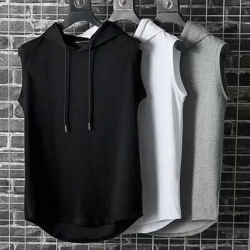Other - タンクトップ メンズ 男性用 パーカー ノースリーブ Tシャツ 接触冷感 スポーツ バスケットボール ランニング トレーニング ウェア ポリエステル 無地 春夏 カジュアル 黒 白 グレー