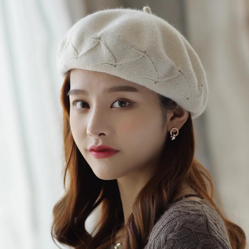 ベレー帽 レディース 秋冬用 八角帽子 ウール混紡 あったか 格子柄 ミルクホワイト グレー ワインレッ..