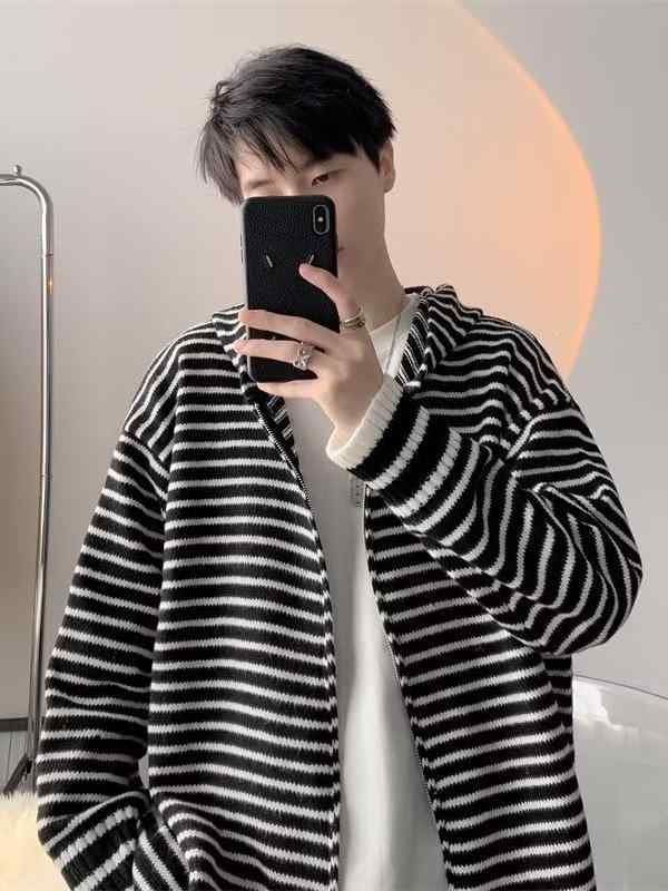 ニット カーディガン メンズ 秋冬 長袖 ボーダー ジップアップ パーカー ゆったり 韓国 カジュアル ト..