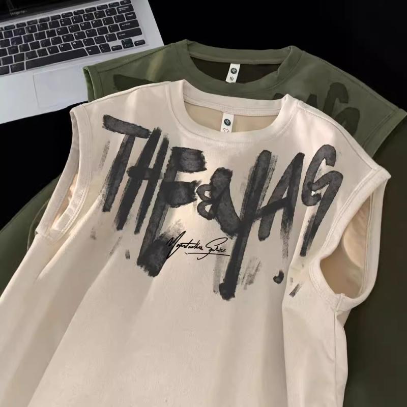 タンクトップ メンズ ストリート スエード 塗鴉 グラフティ カジュアル スポーティー ジム 運動着 ビッグサイズ ゆったり 薄手 ブラック ホワイト ピンク グリーン カーキ ベージュ パープル